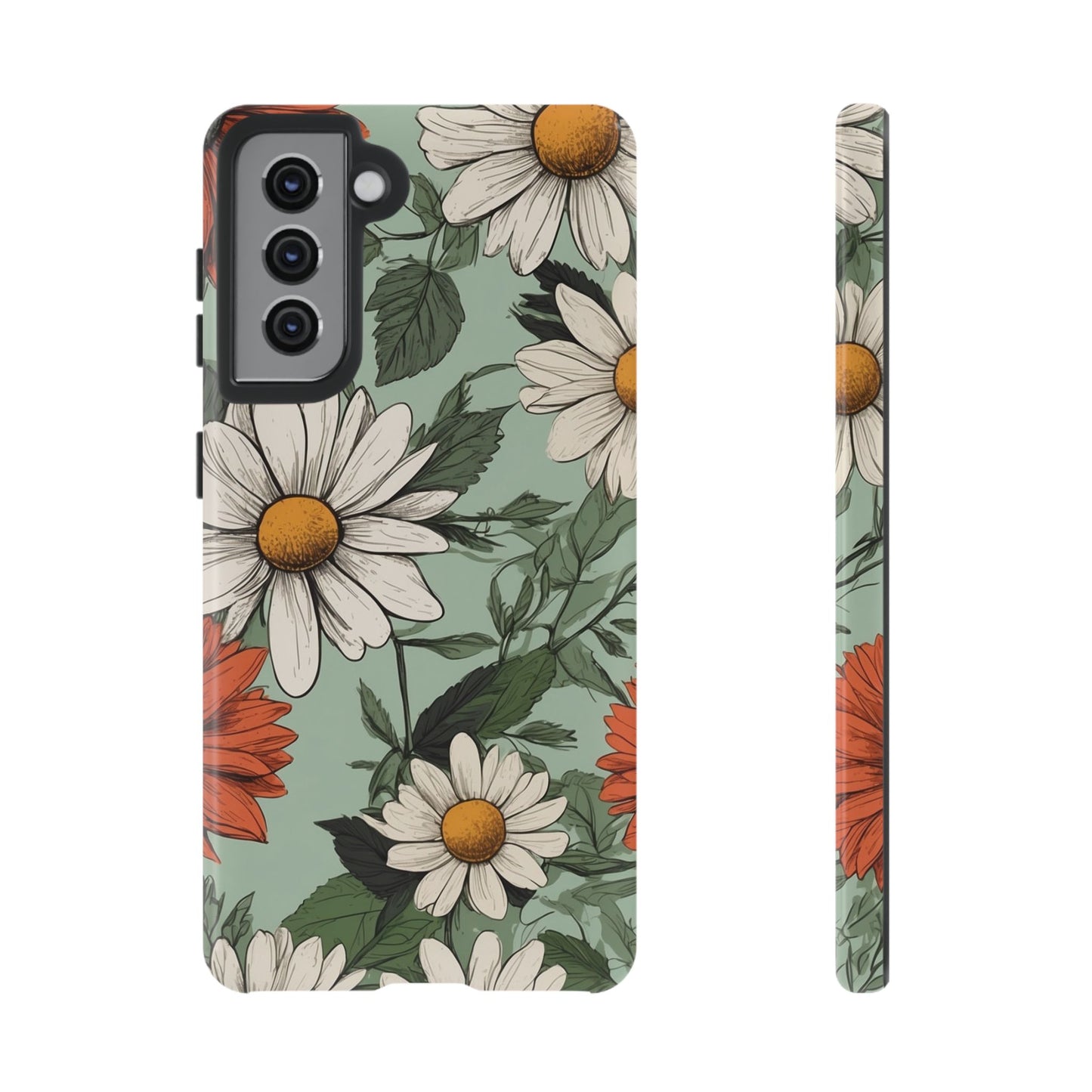 Samsung Galaxy S21 / Glossy Phone Case - Boho Chic Daisies Floral Pattern ’White & Orange’ Phone Case