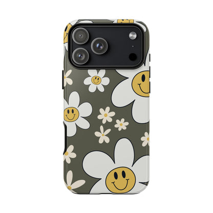 iPhone 17 Pro Max / Glossy Phone Case - Fun Retro Daisy Pattern with Olive Green Background Phone Case