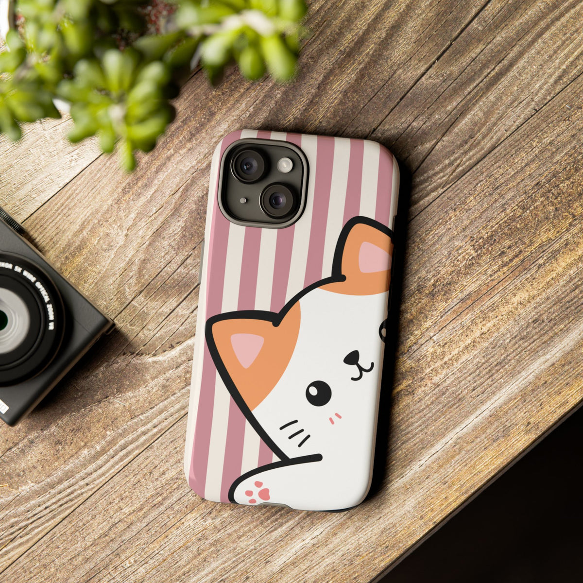 Playful Peakaboo Cat with Pink Stripe Pattern Phone Case - Pink Phone Case