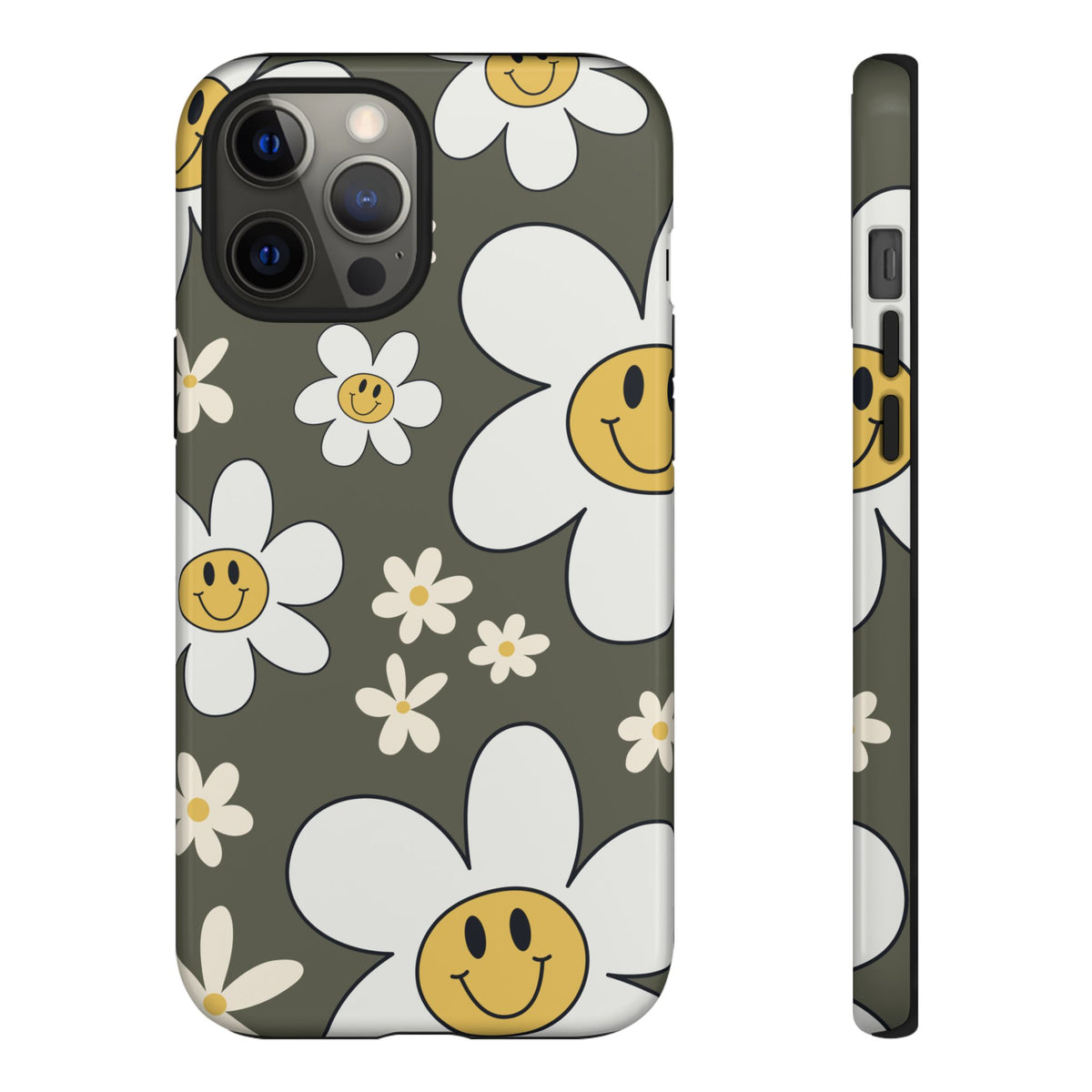 Fun Retro Daisy Pattern with Olive Green Background Phone Case - Green Phone Case - iPhone 12 Pro Max / Glossy