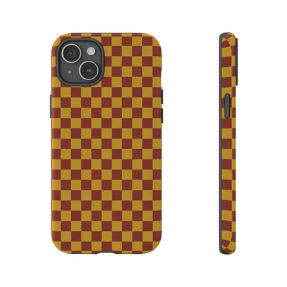 iPhone 15 Plus / Glossy Phone Case - Trendy Mustard & Burgandy Small Checked Pattern Phone Case