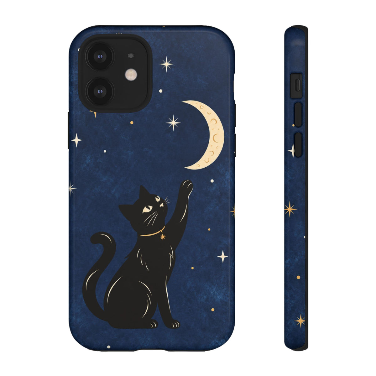 Whimsical Navy Blue Celestial Black Cat Phone Case