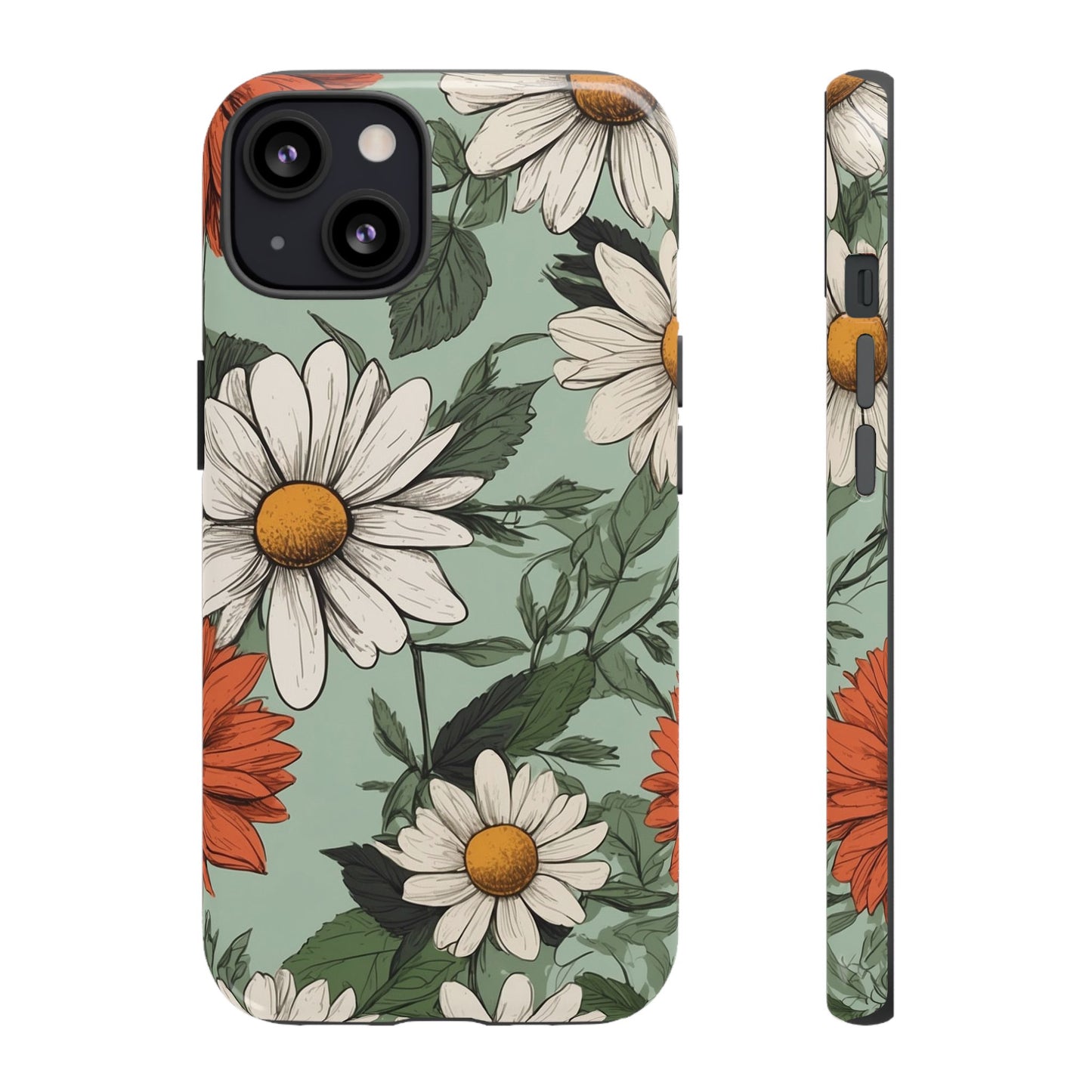 iPhone 13 / Glossy Phone Case - Boho Chic Daisies Floral Pattern ’White & Orange’ Phone Case