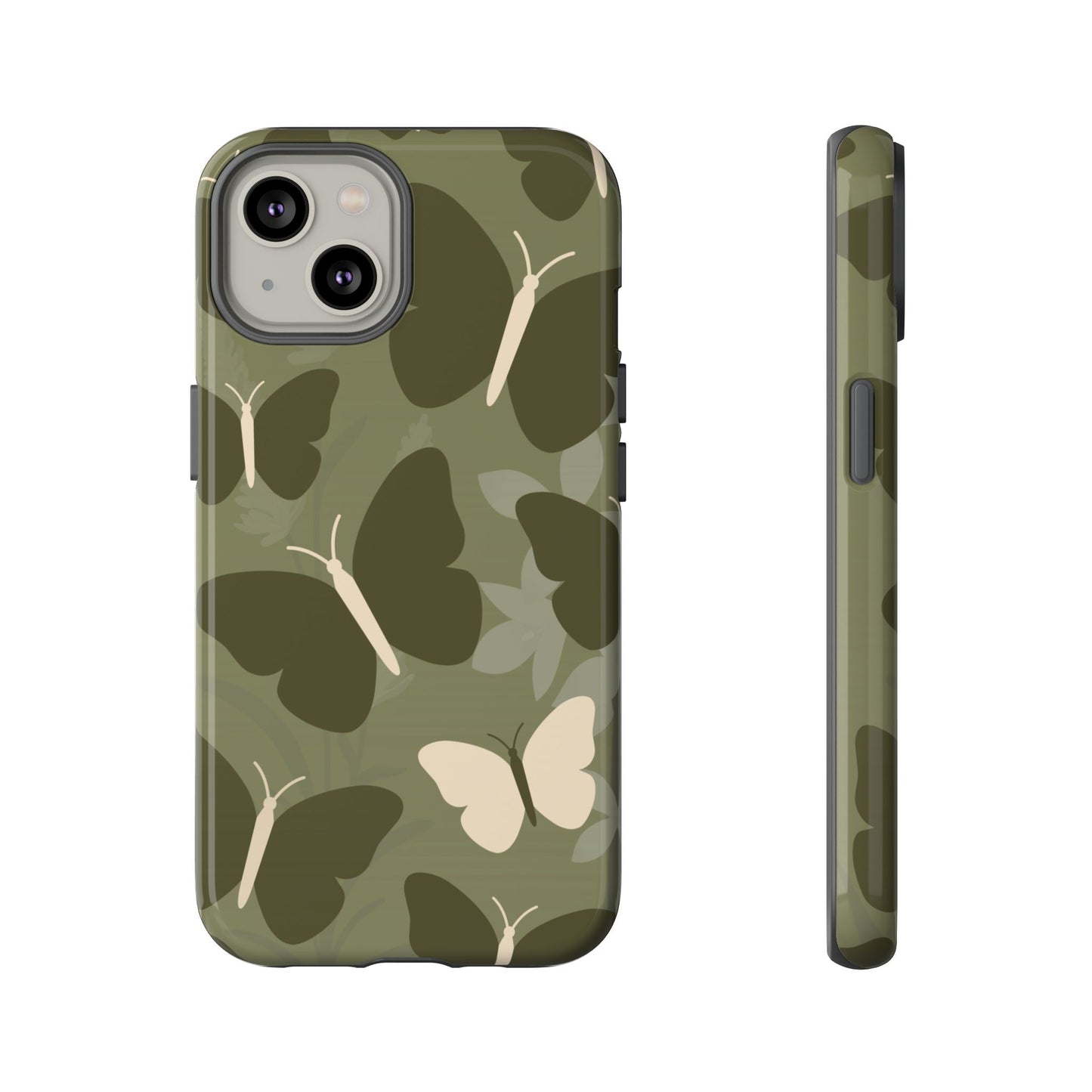 iPhone 14 / Glossy Phone Case - Minimalist Olive Green Butterfly Pattern Phone Case