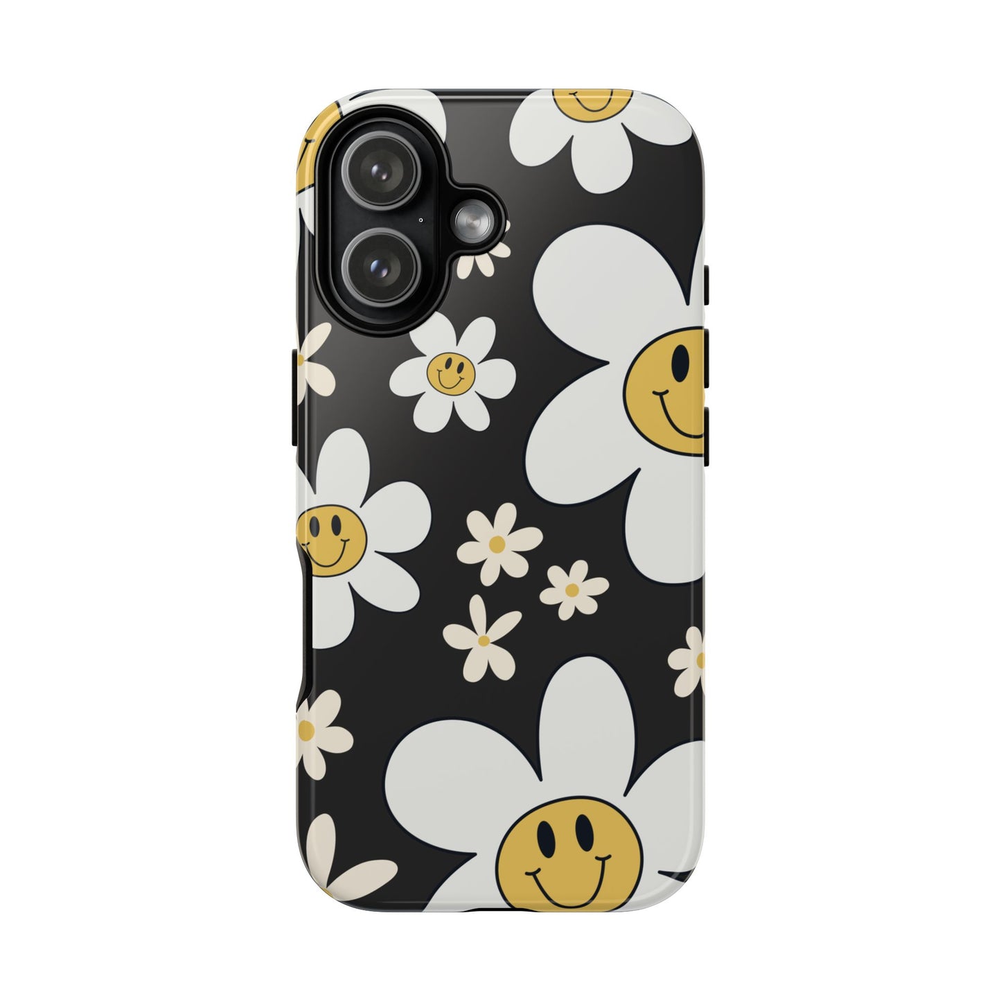 iPhone 17 / Glossy Phone Case - Fun Retro Daisy Pattern with Dark Grey Background Phone Case