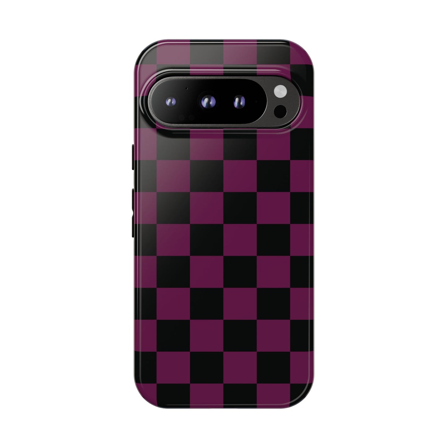 Google Pixel 9 Pro / Glossy Phone Case - Trendy Plum & Black Checked Pattern Phone Case