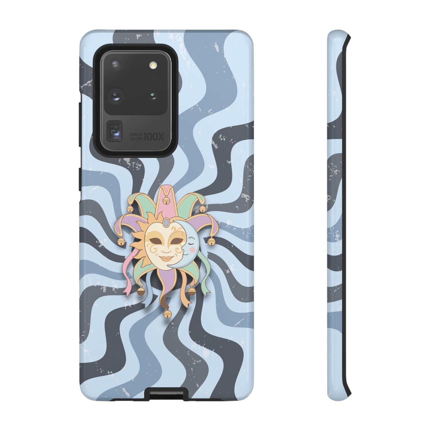 Samsung Galaxy S20 Ultra / Glossy Phone Case - Sun & Moon Jester Mask – Blue Retro Wave Phone Case