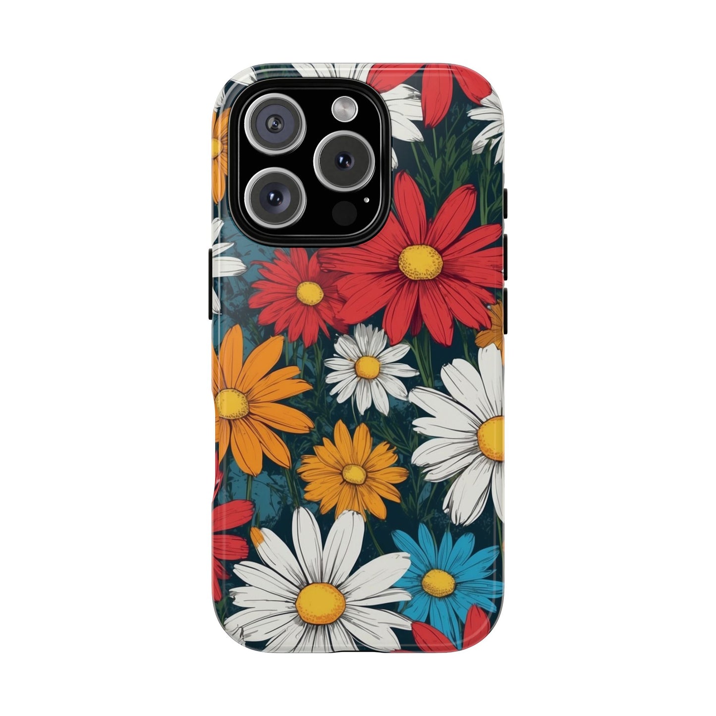 iPhone 16 Pro / Glossy Phone Case - Pop Art Daisies Illustration ’Red & Orange’ Phone Case