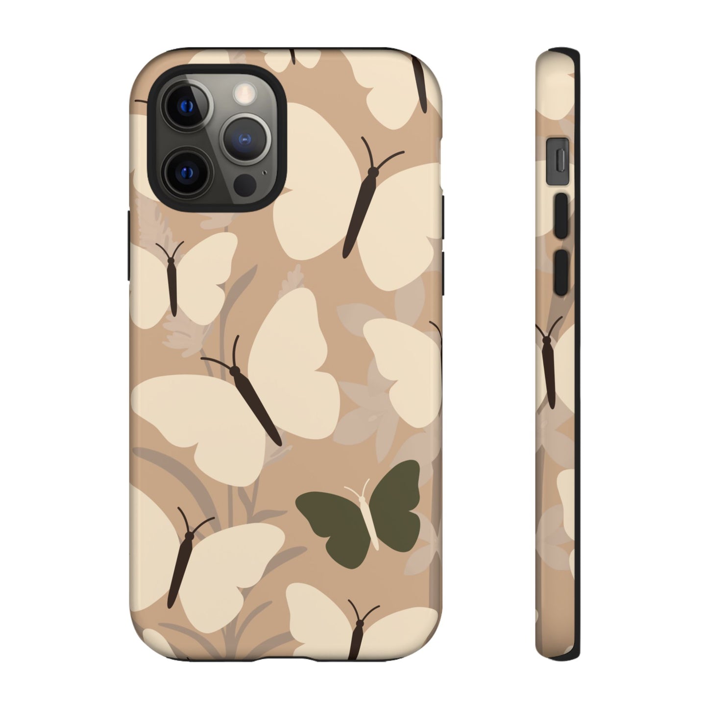 iPhone 12 Pro / Glossy Phone Case - Minimalist Beige Butterfly Pattern Phone Case