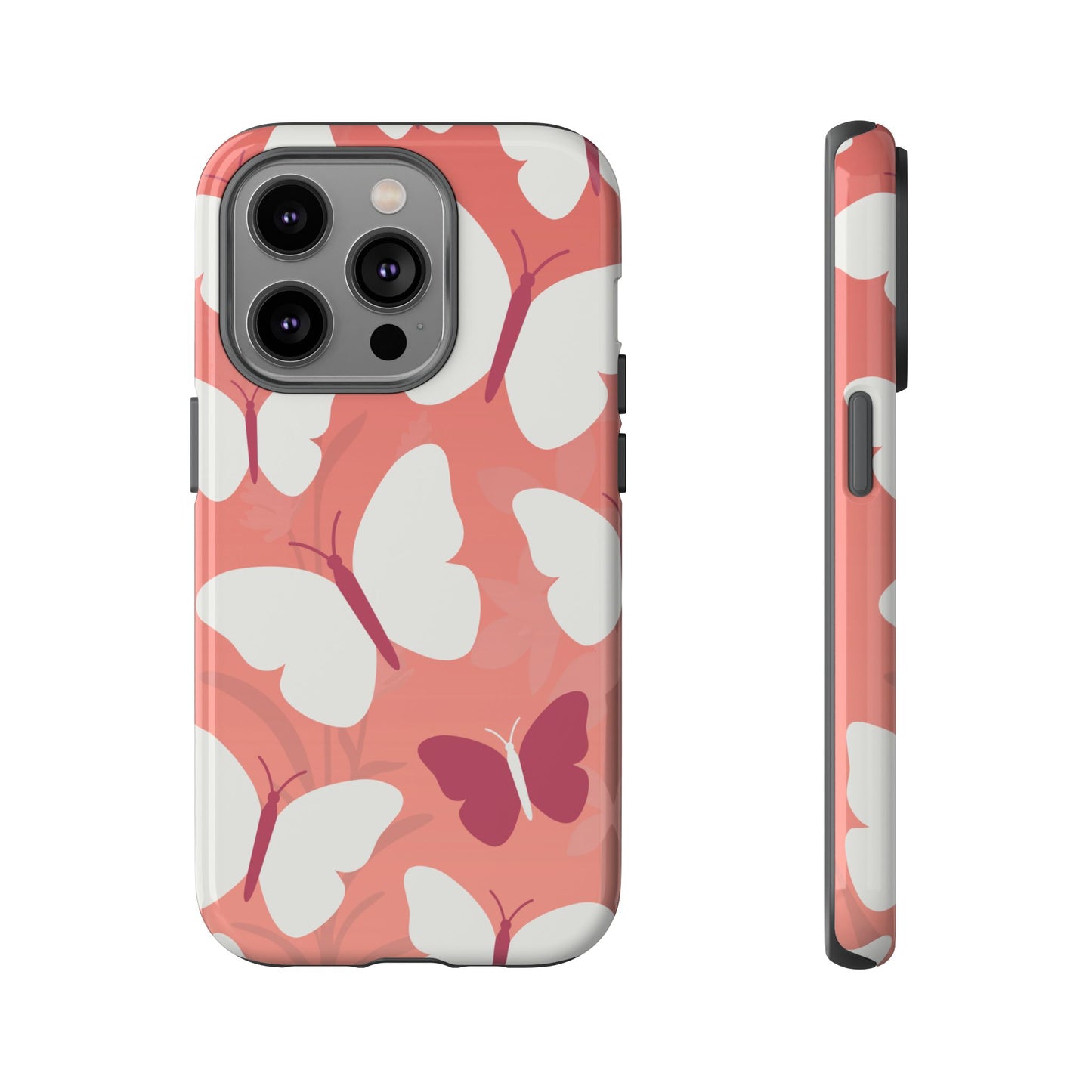 iPhone 14 Pro / Glossy Phone Case - Minimalist Pink Butterfly Pattern Phone Case