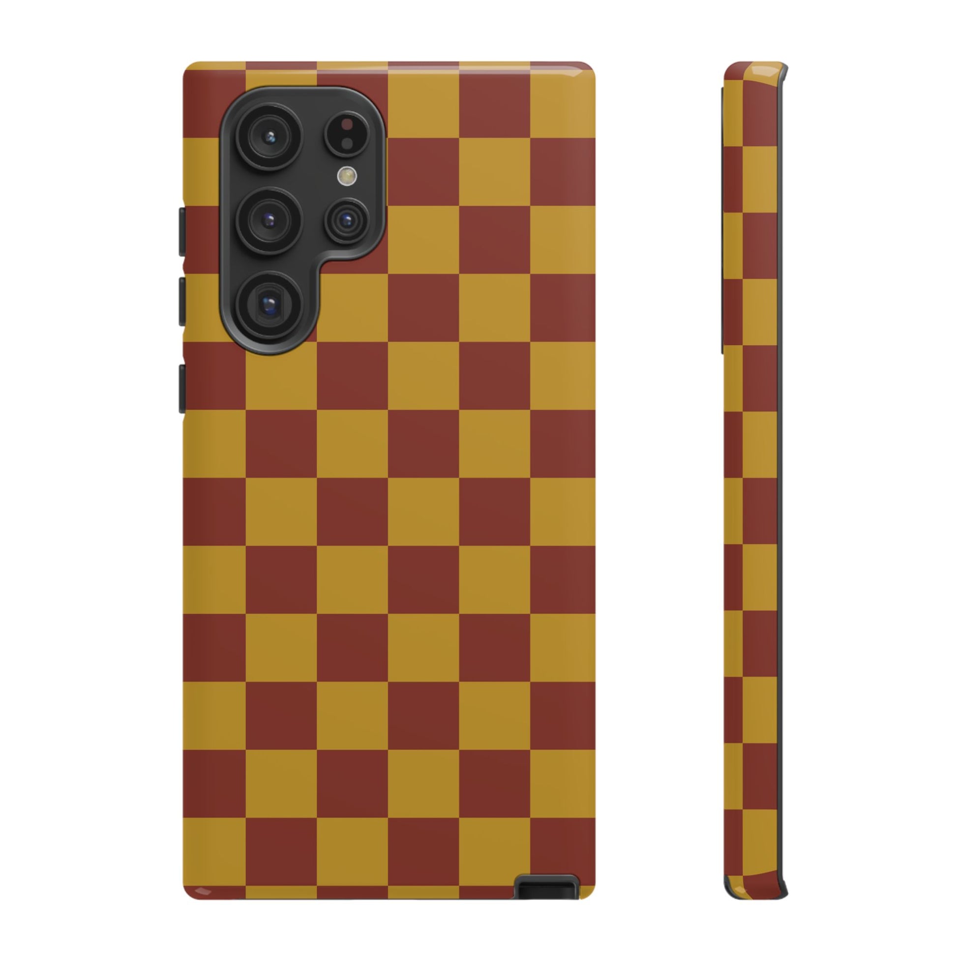 Samsung Galaxy S22 Ultra / Glossy Phone Case - Trendy Mustard & Burgandy Checked Pattern Phone Case