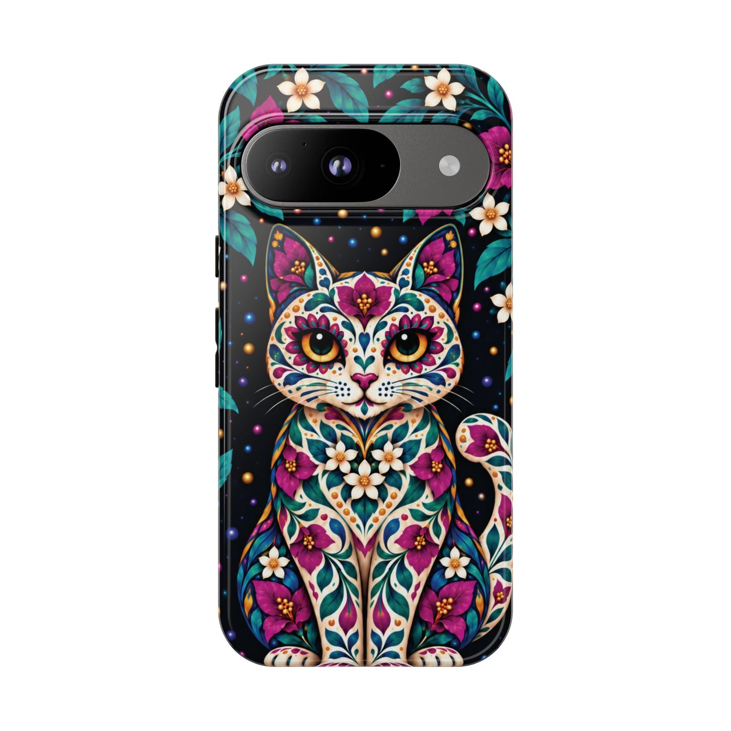 Vibrant Purple and Teal Calavera Cat Phone Case - Multicolor Phone Case - Google Pixel 9 / Glossy