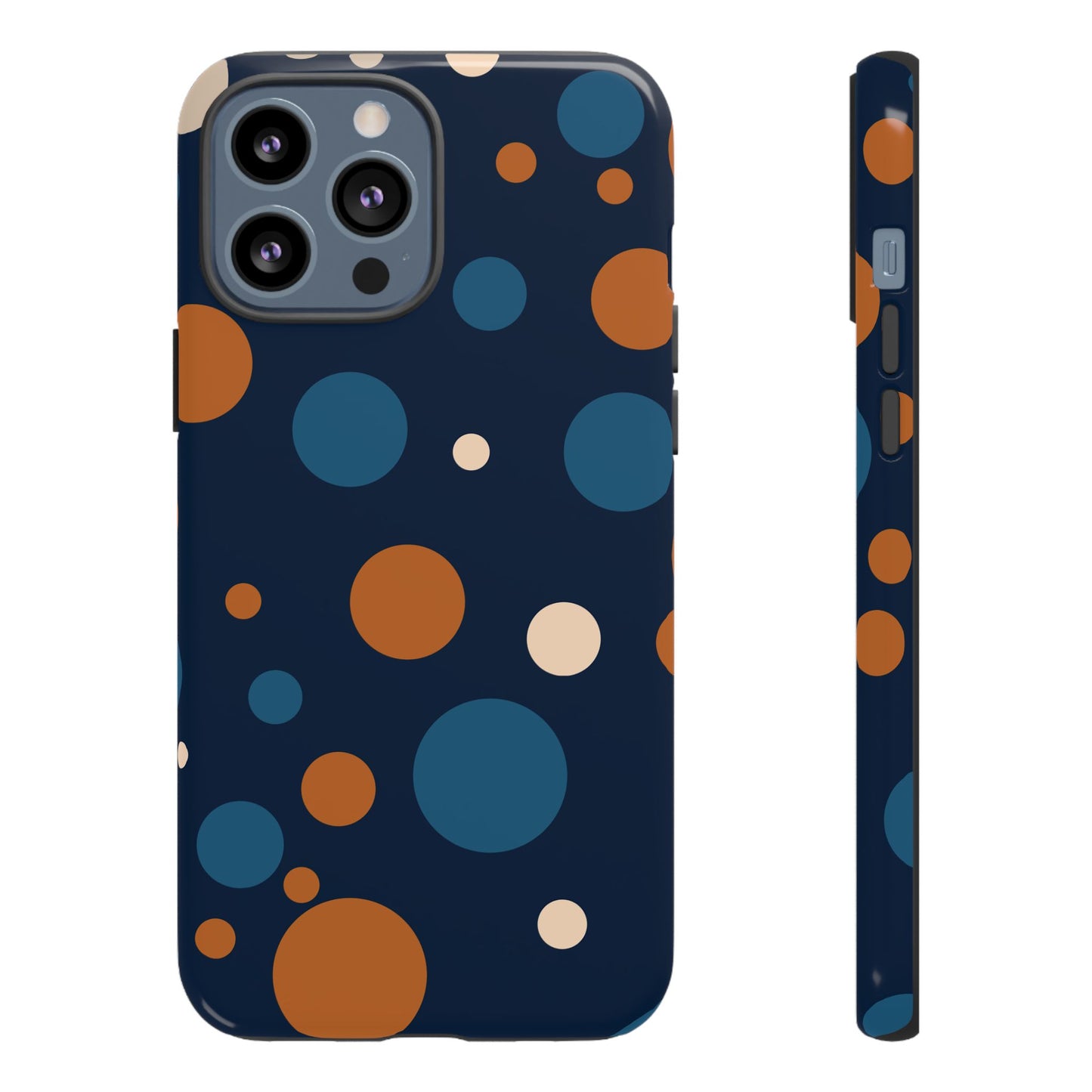 iPhone 13 Pro Max / Glossy Phone Case - ’Bold Navy Blue & Orange / White Dot Pattern’ Phone Case