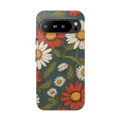Google Pixel 9 Pro XL / Glossy Phone Case - Boho Chic Daisies Floral Pattern ’White & Red’ Phone Case