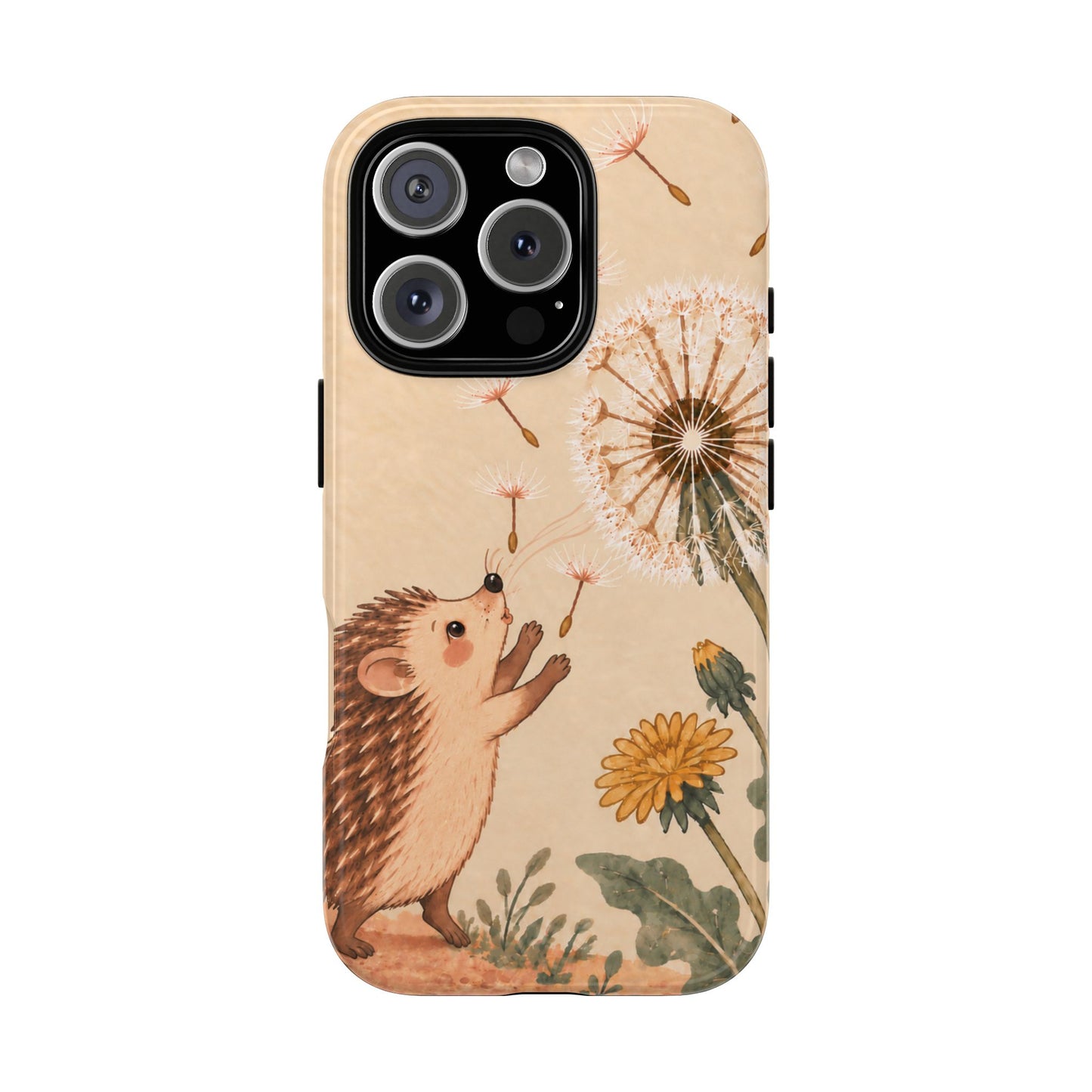 Whimsical Cream Hedgehog and Dandelion Phone Case - White Phone Case - iPhone 16 Pro / Glossy