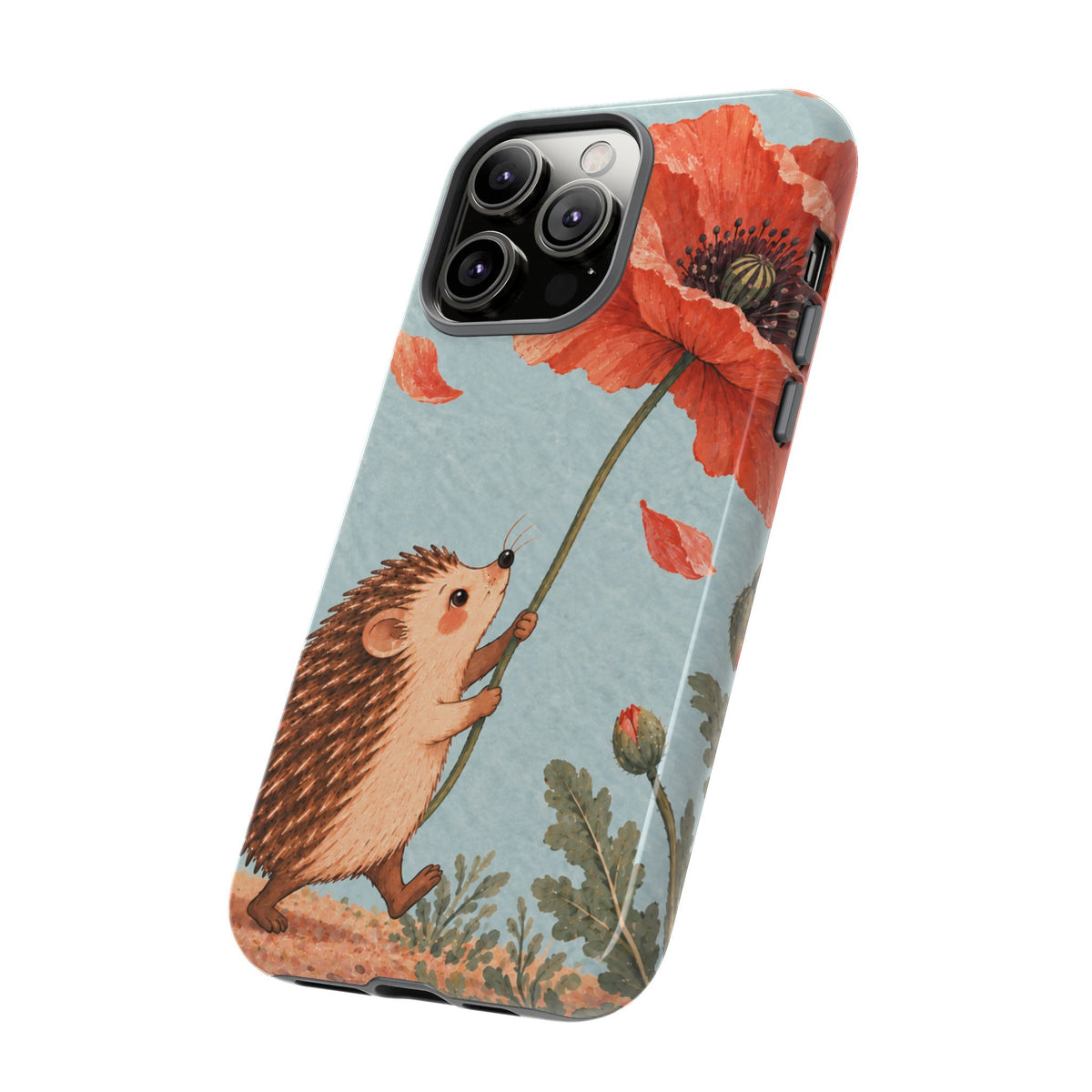 Whimsical Pale Blue Hedgehog and Poppy Phone Case - Blue Phone Case