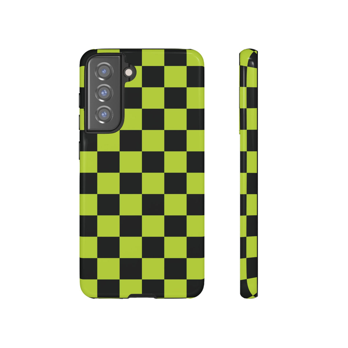 Trendy Neon Lime Green & Black Checked Pattern Phone Case - Green Phone Case - Samsung Galaxy S21 FE / Glossy