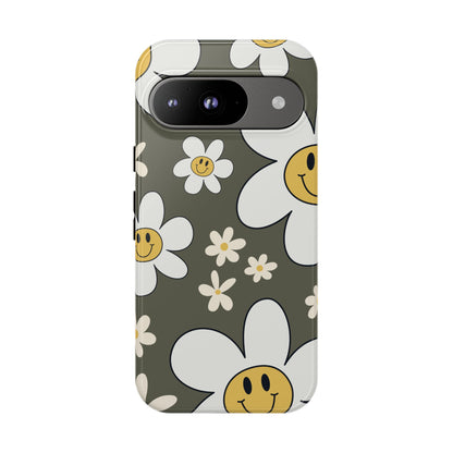 Fun Retro Daisy Pattern with Olive Green Background Phone Case - Green Phone Case - Google Pixel 9 / Glossy