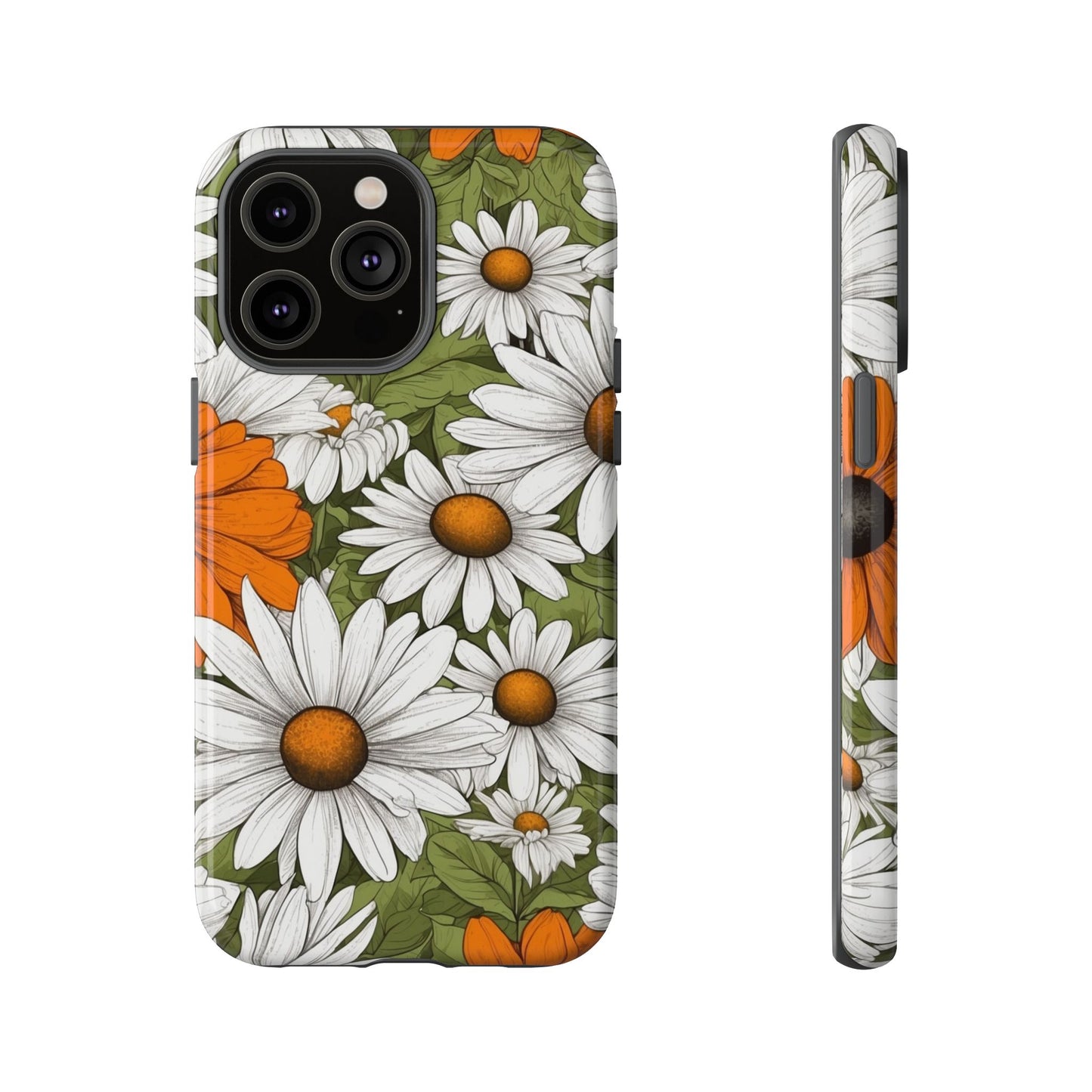 iPhone 14 Pro Max / Glossy Phone Case - Boho Chic Daisies Floral Pattern ’White Orange & Green’ Phone Case