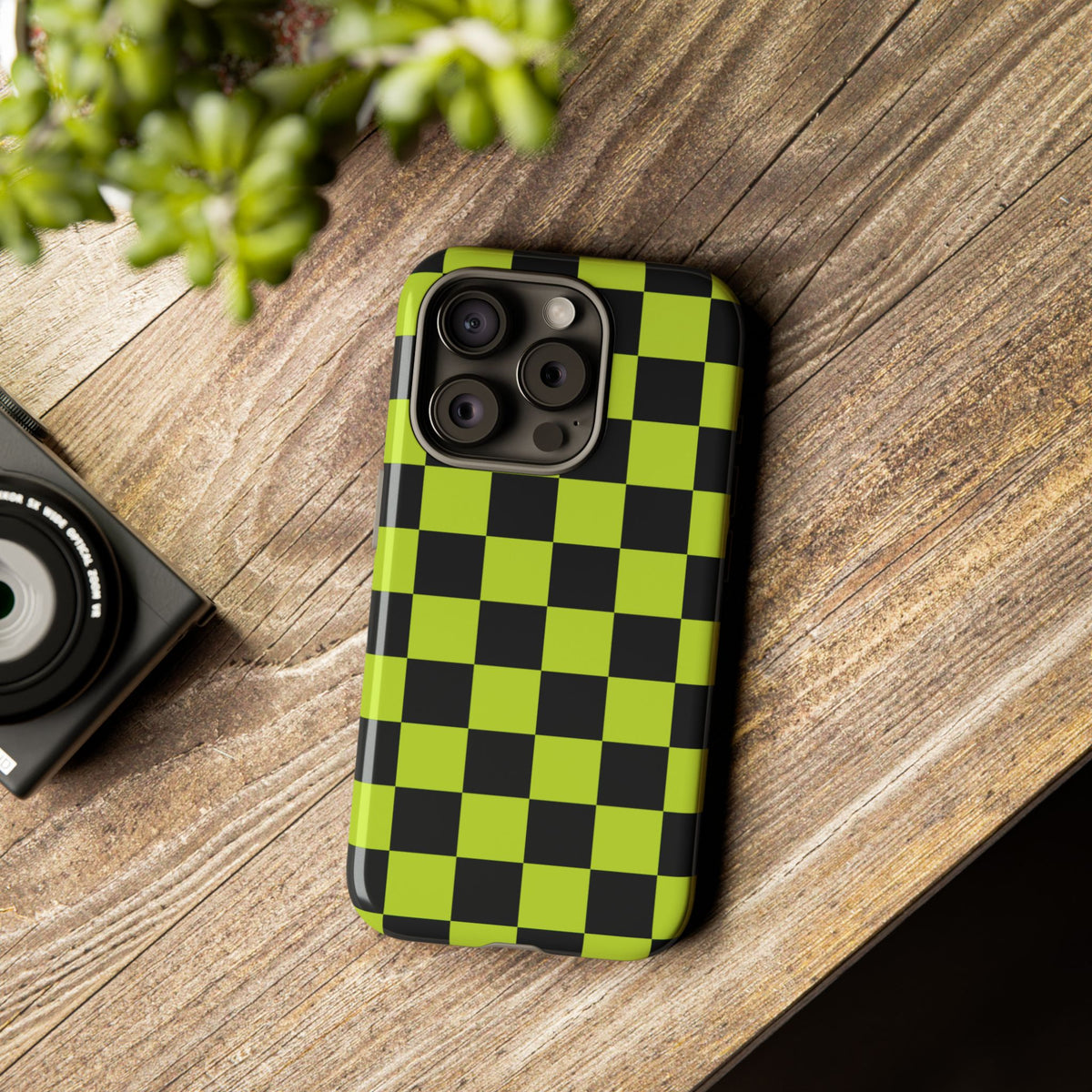Trendy Neon Lime Green & Black Checked Pattern Phone Case - Green Phone Case