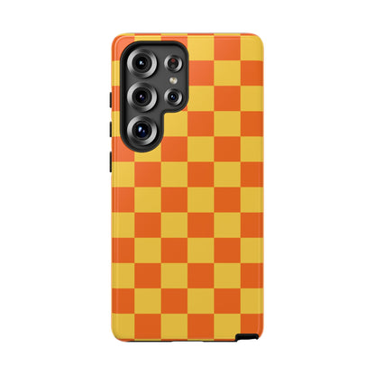 Samsung Galaxy S25 Ultra / Glossy Phone Case - Trendy Orange & Yellow Checked Pattern Phone Case