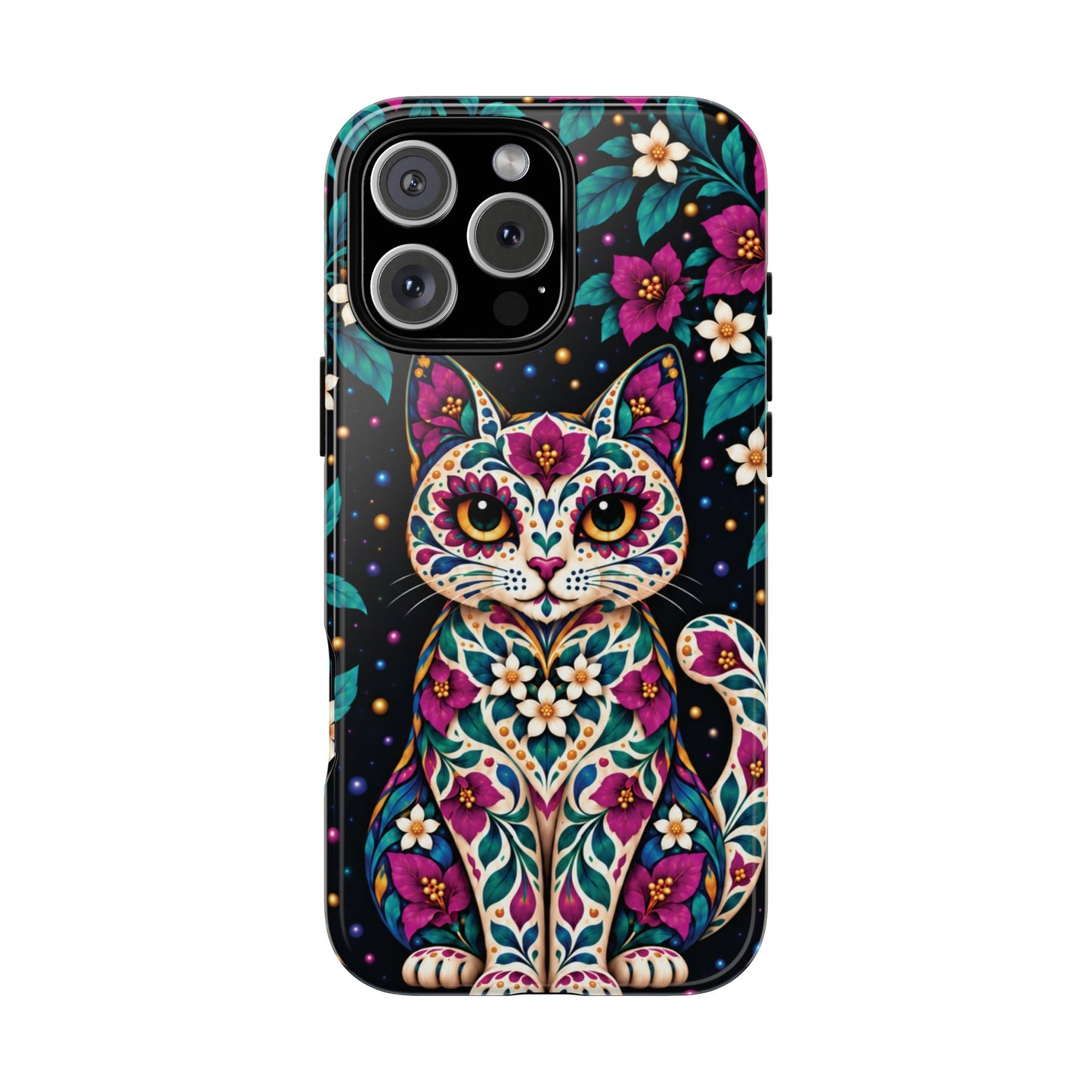 Vibrant Purple and Teal Calavera Cat Phone Case - Multicolor Phone Case - iPhone 16 Pro Max / Glossy