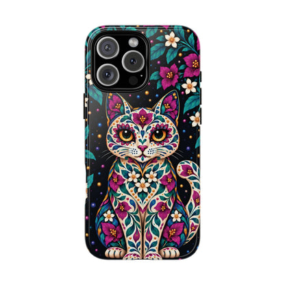 Vibrant Purple and Teal Calavera Cat Phone Case - Multicolor Phone Case - iPhone 16 Pro Max / Glossy