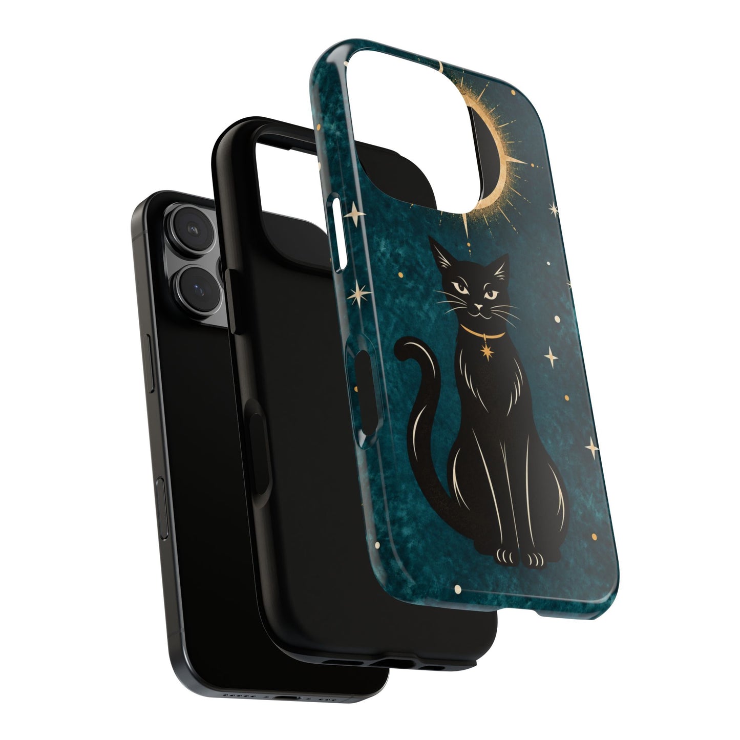 Whimsical Teal Celestial Black Cat Phone Case