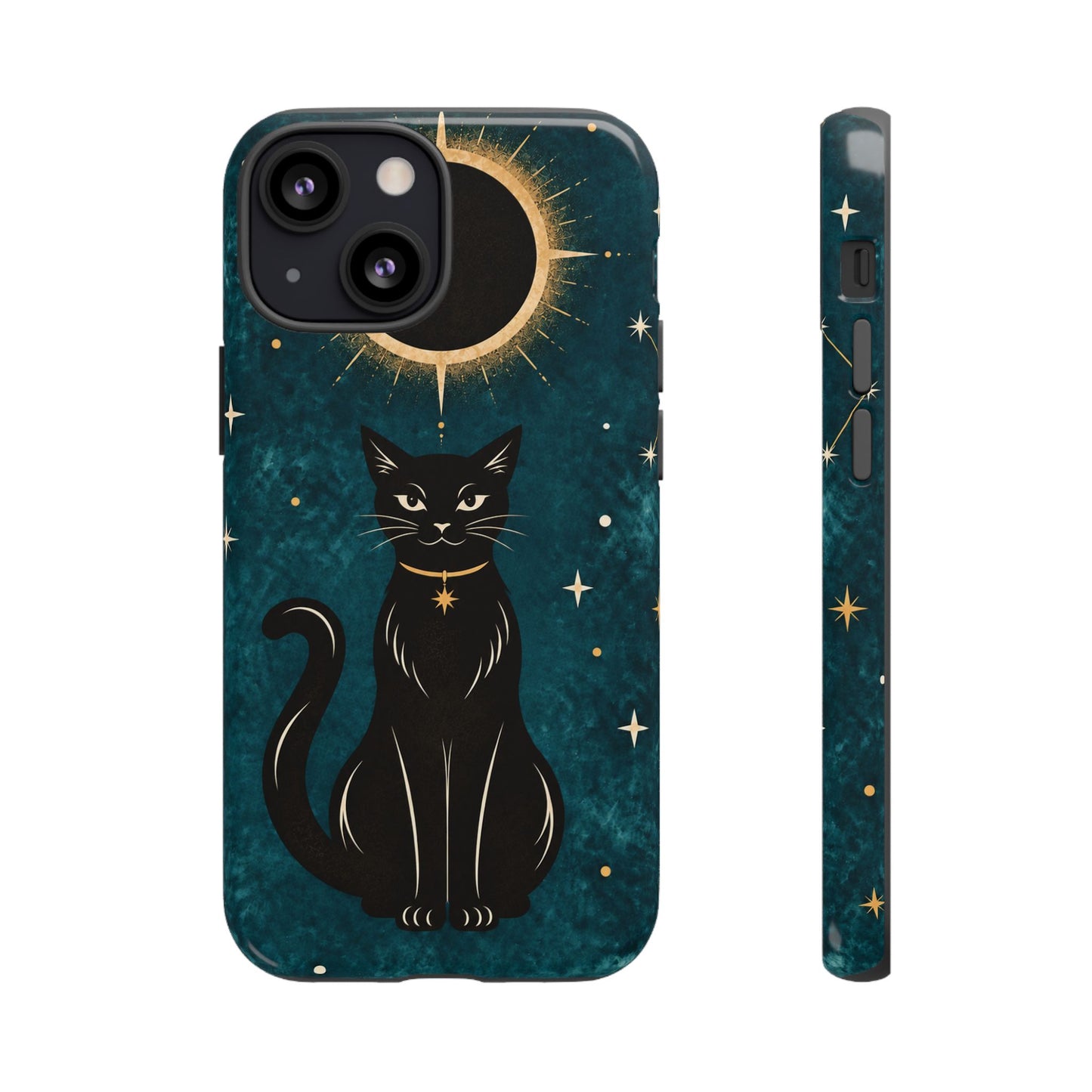 Whimsical Teal Celestial Black Cat Phone Case