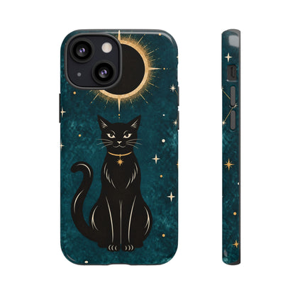 Whimsical Teal Celestial Black Cat Phone Case
