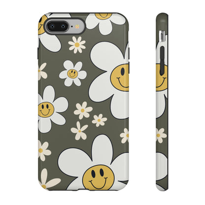 iPhone 8 Plus / Glossy Phone Case - Fun Retro Daisy Pattern with Olive Green Background Phone Case