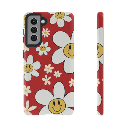 Samsung Galaxy S21 / Glossy Phone Case - Fun Retro Daisy Pattern with Red Background Phone Case