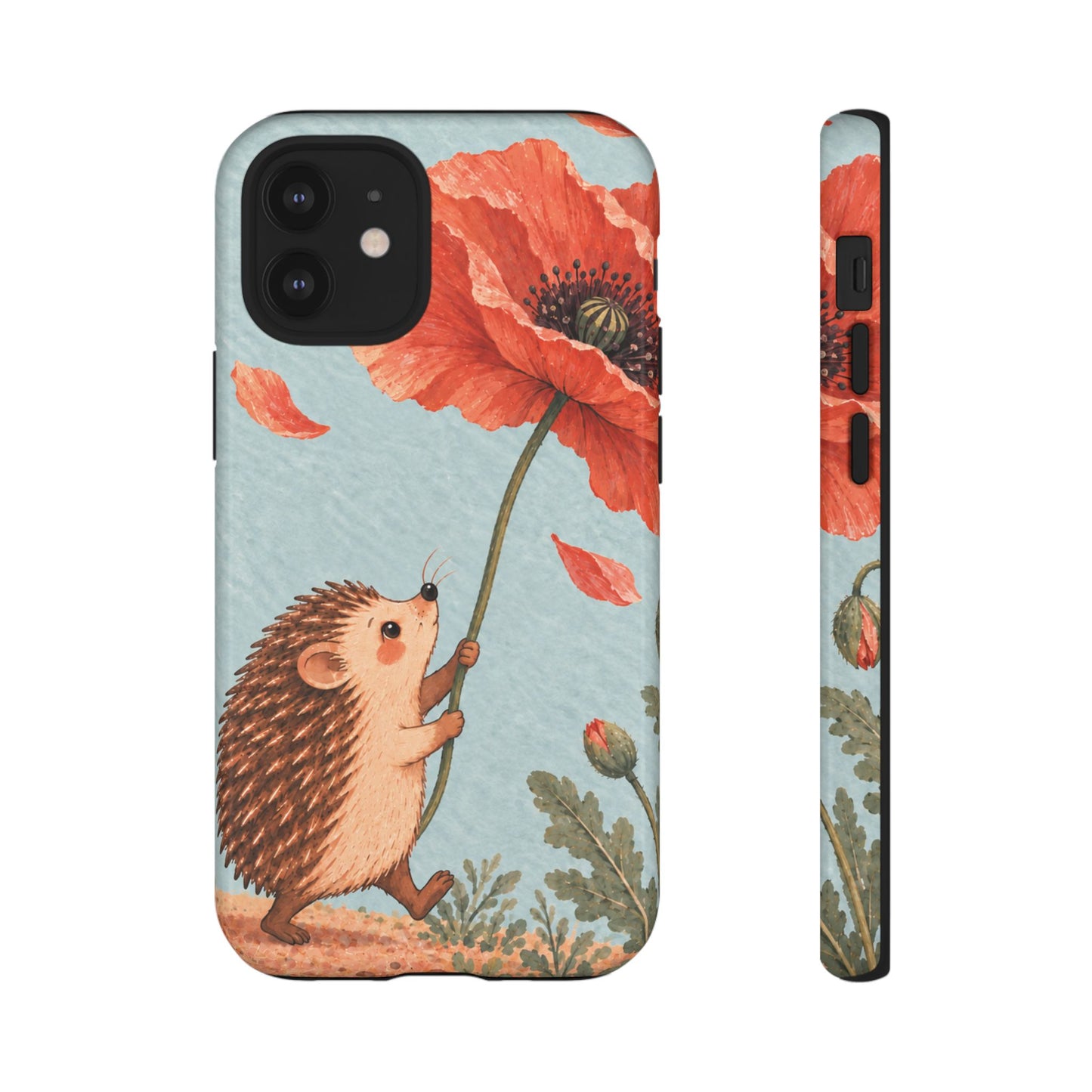 Whimsical Pale Blue Hedgehog and Poppy Phone Case - Blue Phone Case - iPhone 12 Mini / Glossy
