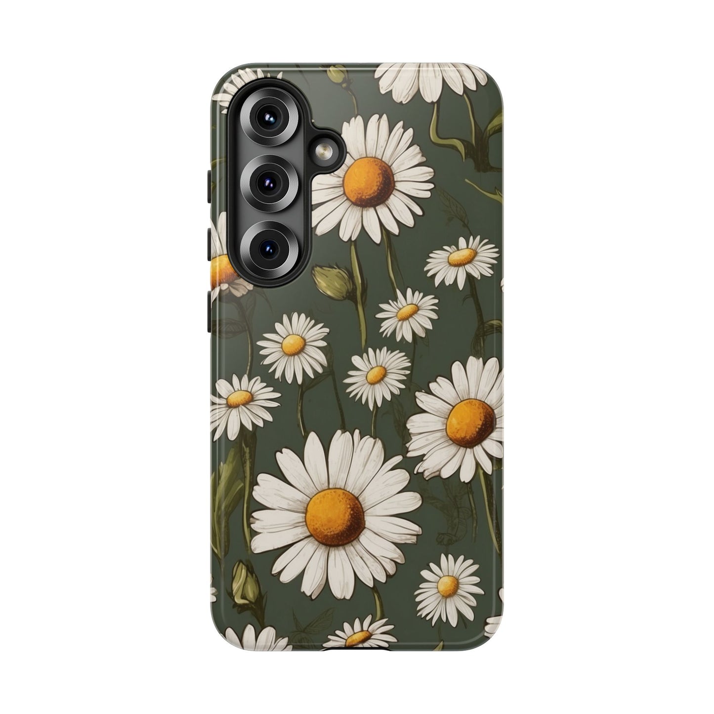 Samsung Galaxy S25 / Glossy Phone Case - Boho Chic Daisies Floral Pattern ’White & Green’ Phone Case