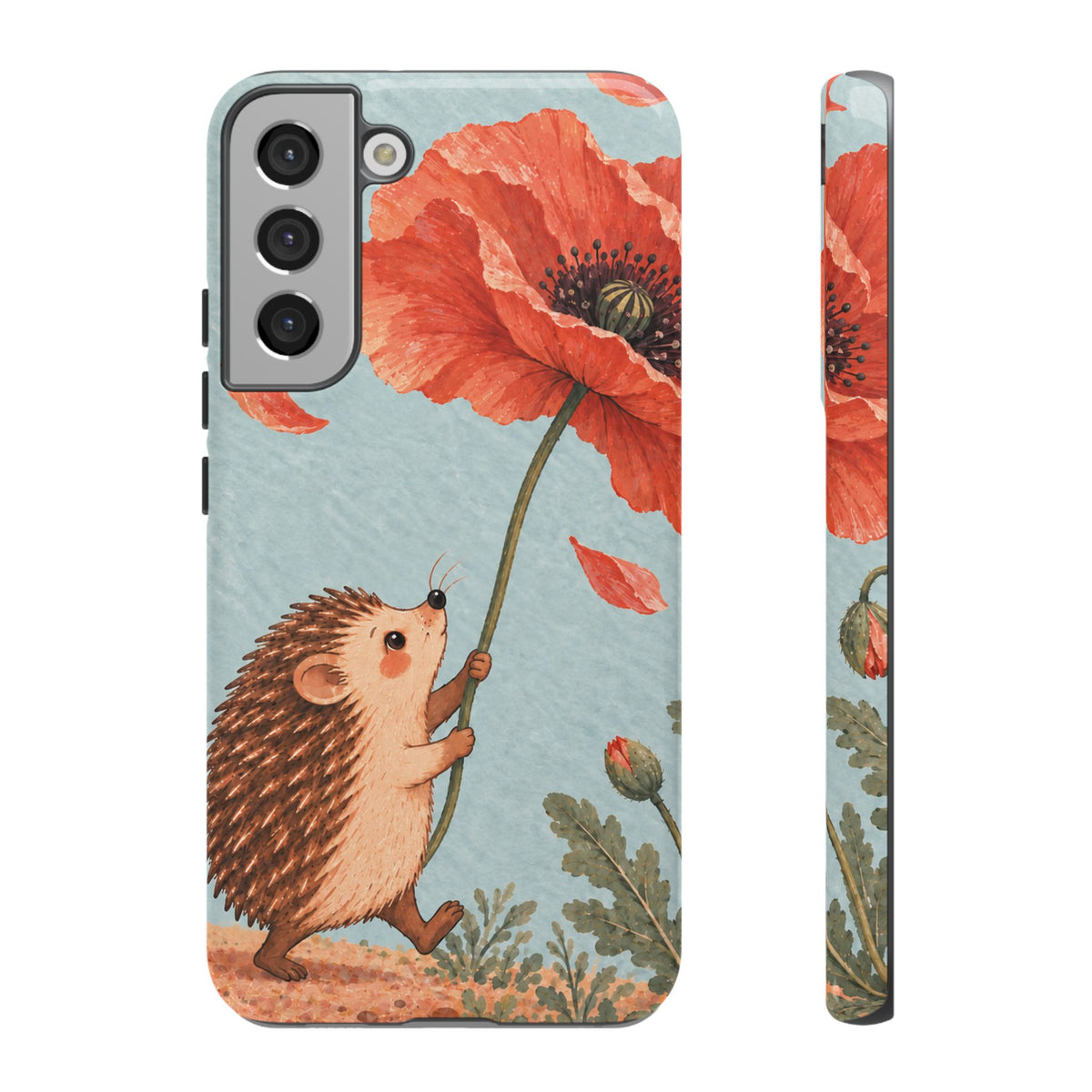 Whimsical Pale Blue Hedgehog and Poppy Phone Case - Blue Phone Case - Samsung Galaxy S22 Plus / Glossy