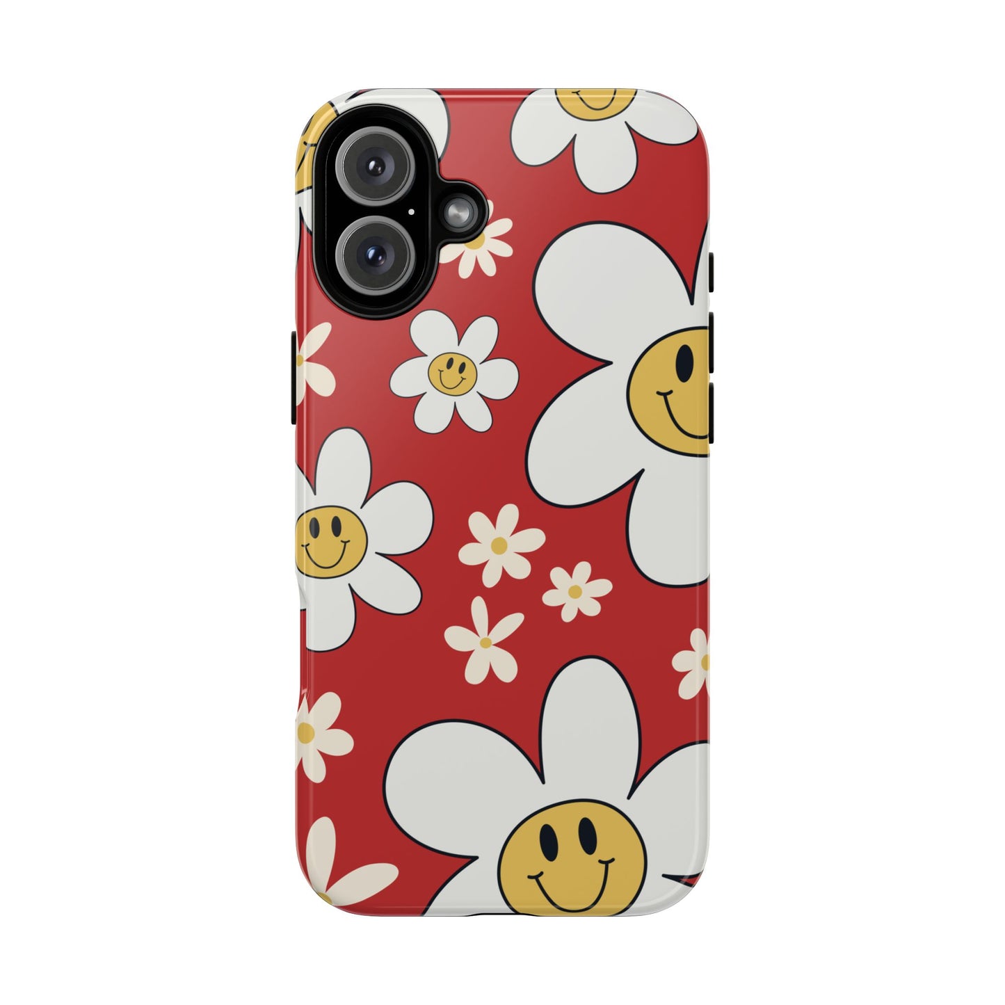 iPhone 16 Plus / Glossy Phone Case - Fun Retro Daisy Pattern with Red Background Phone Case