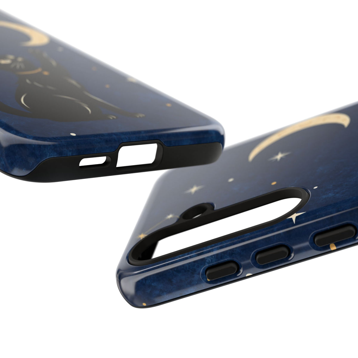 Whimsical Navy Blue Celestial Black Cat Phone Case