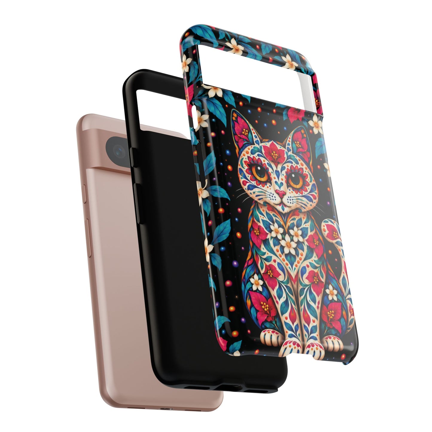 Vibrant Pink and Turquoise Calavera Cat Phone Case - Multicolor Phone Case