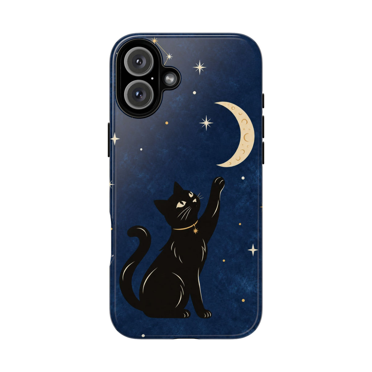 Whimsical Navy Blue Celestial Black Cat Phone Case