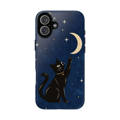 Whimsical Navy Blue Celestial Black Cat Phone Case