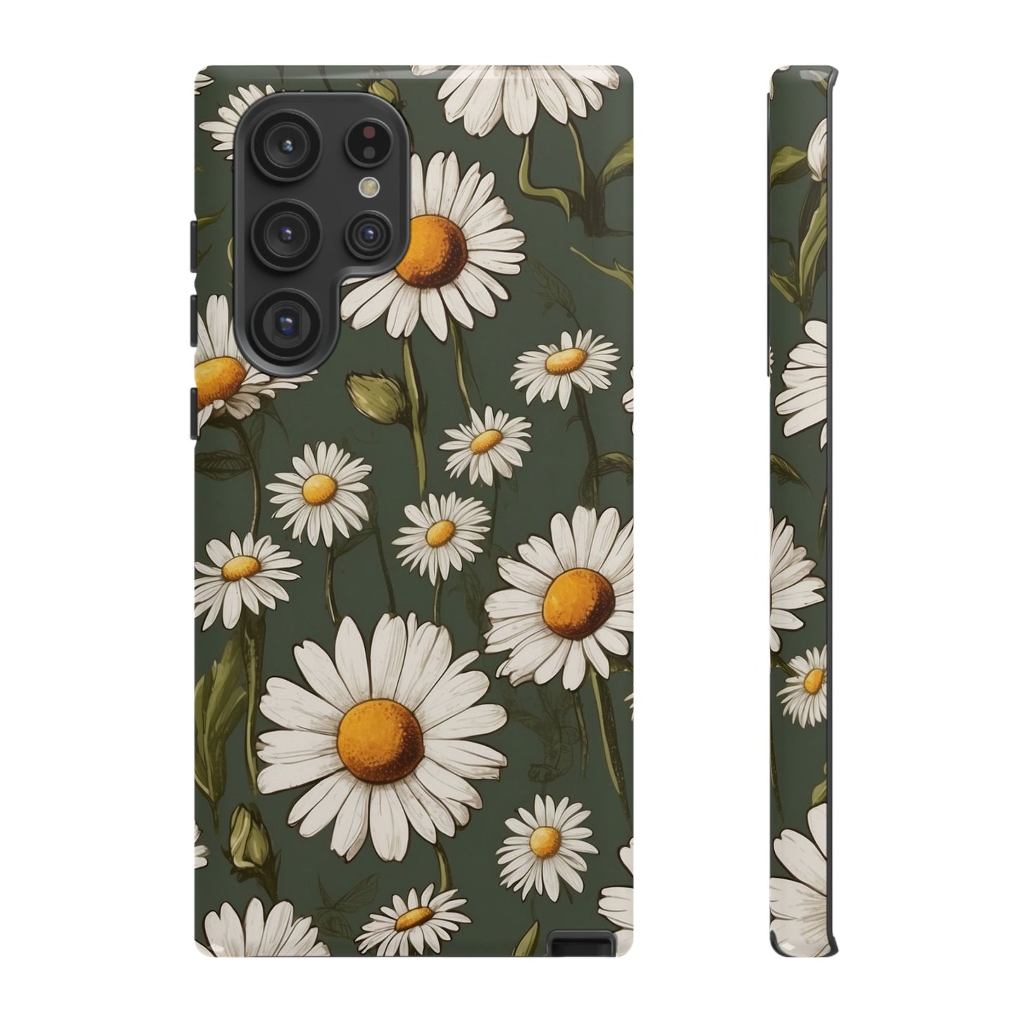 Samsung Galaxy S22 Ultra / Glossy Phone Case - Boho Chic Daisies Floral Pattern ’White & Green’ Phone Case
