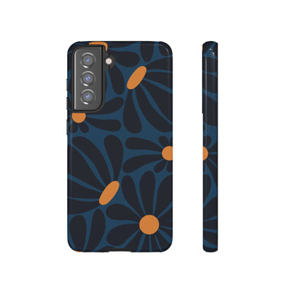 Samsung Galaxy S21 FE / Glossy Phone Case - ’Dark Blue & Orange Daisy Pattern’ Phone Case