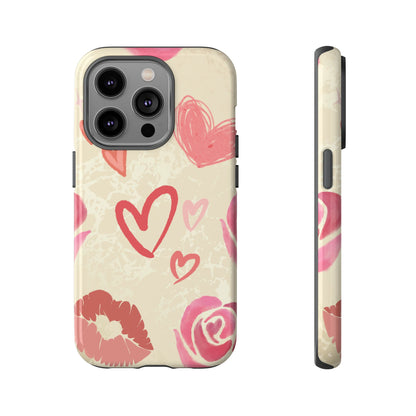 iPhone 14 Pro / Glossy Phone Case - ’Pink Heart & Rose Pattern’ Phone Case
