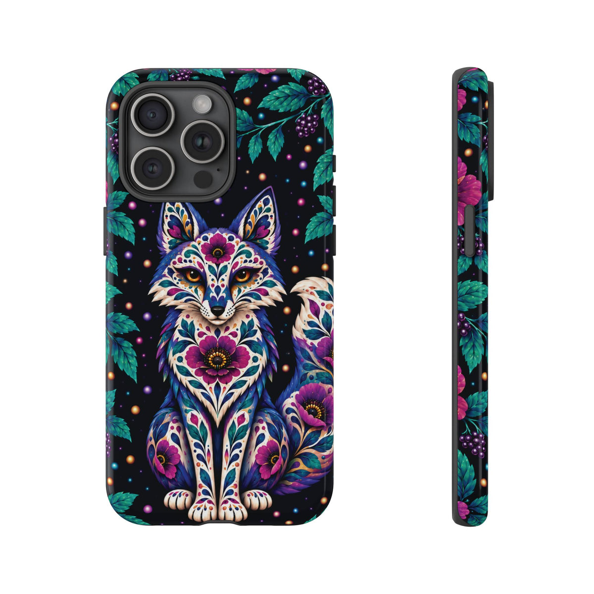 Vibrant Purple and Teal Calavera Fox Phone Case - Multicolor Phone Case - iPhone 15 Pro Max / Glossy