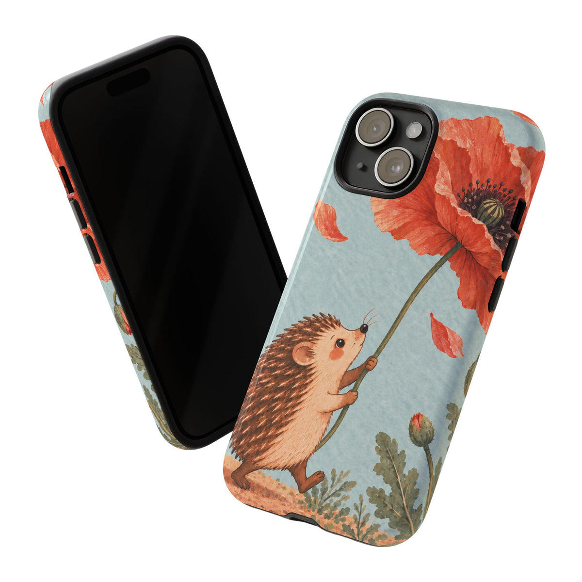 Whimsical Pale Blue Hedgehog and Poppy Phone Case - Blue Phone Case