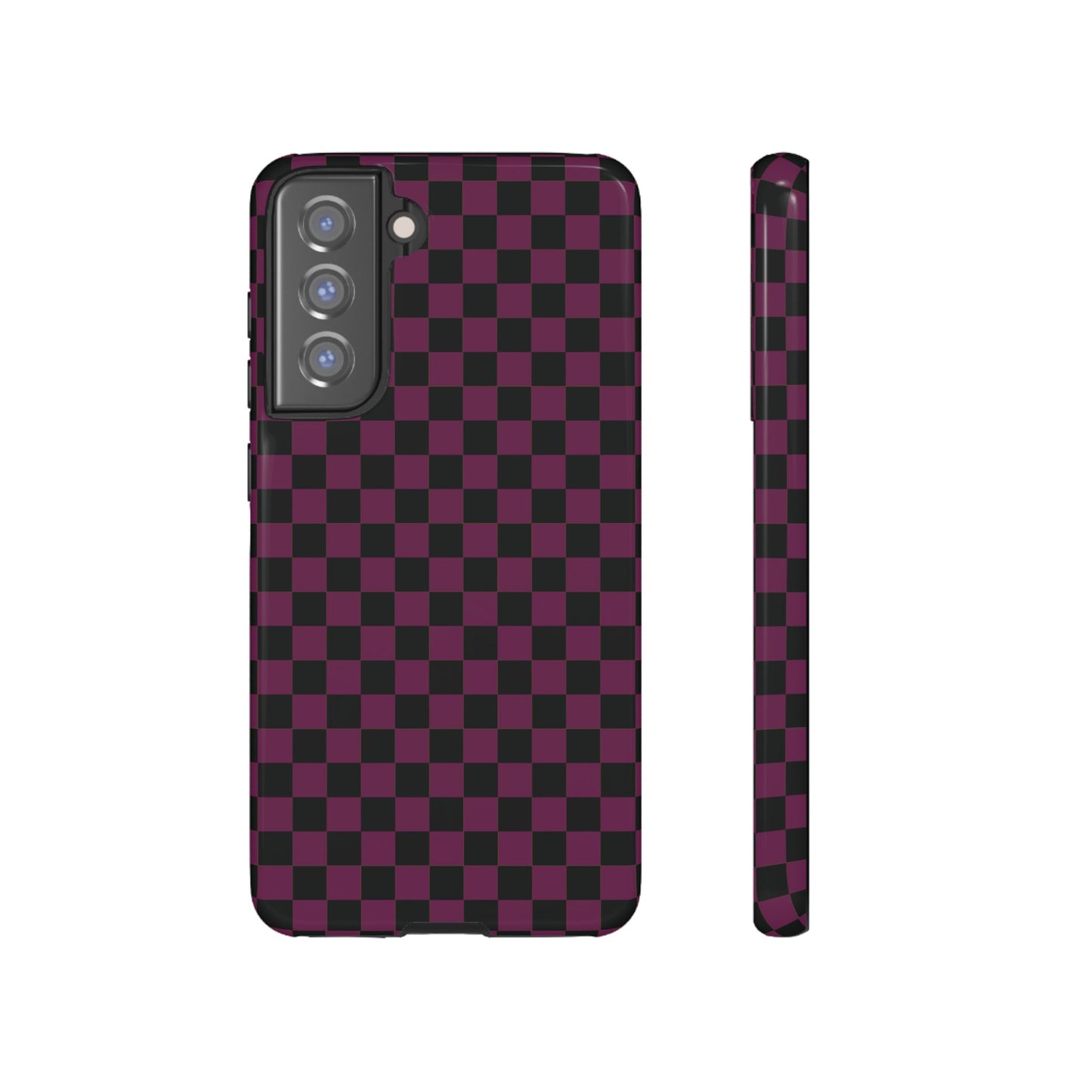 Samsung Galaxy S21 FE / Glossy Phone Case - Trendy Plum & Black Small Checked Pattern Phone Case