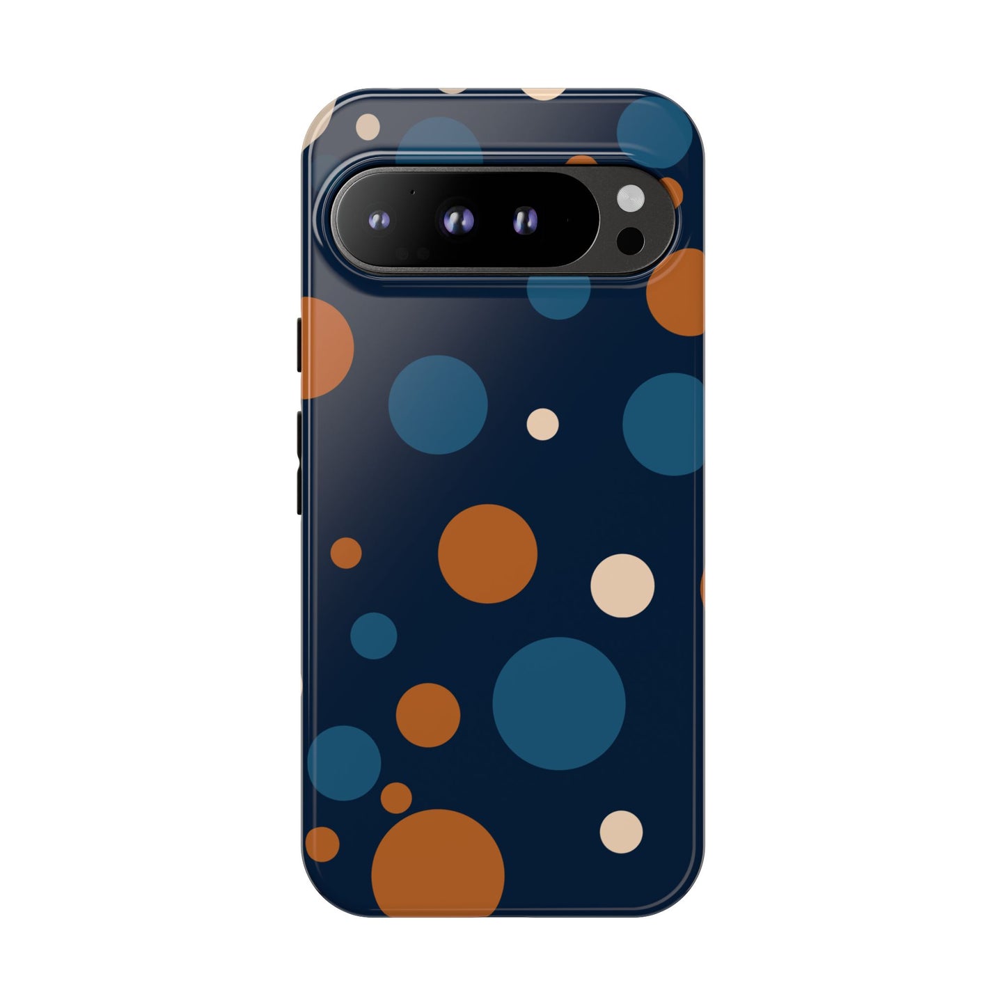 Google Pixel 9 Pro XL / Glossy Phone Case - ’Bold Navy Blue & Orange / White Dot Pattern’ Phone Case