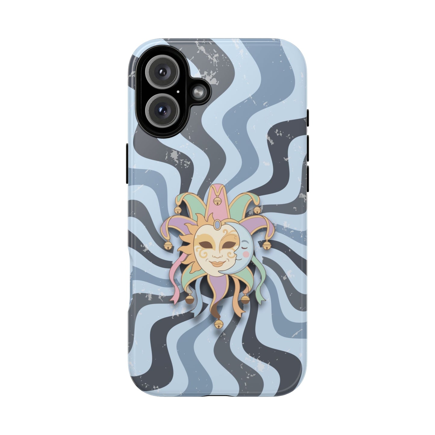 iPhone 16 Plus / Glossy Phone Case - Sun & Moon Jester Mask – Blue Retro Wave Phone Case