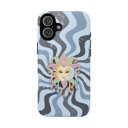 iPhone 16 Plus / Glossy Phone Case - Sun & Moon Jester Mask – Blue Retro Wave Phone Case
