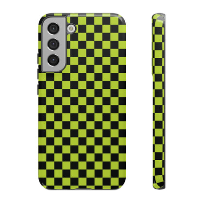 Samsung Galaxy S22 Plus / Glossy Phone Case - Trendy Neon Lime Green & Plum Small Checked Pattern Phone Case